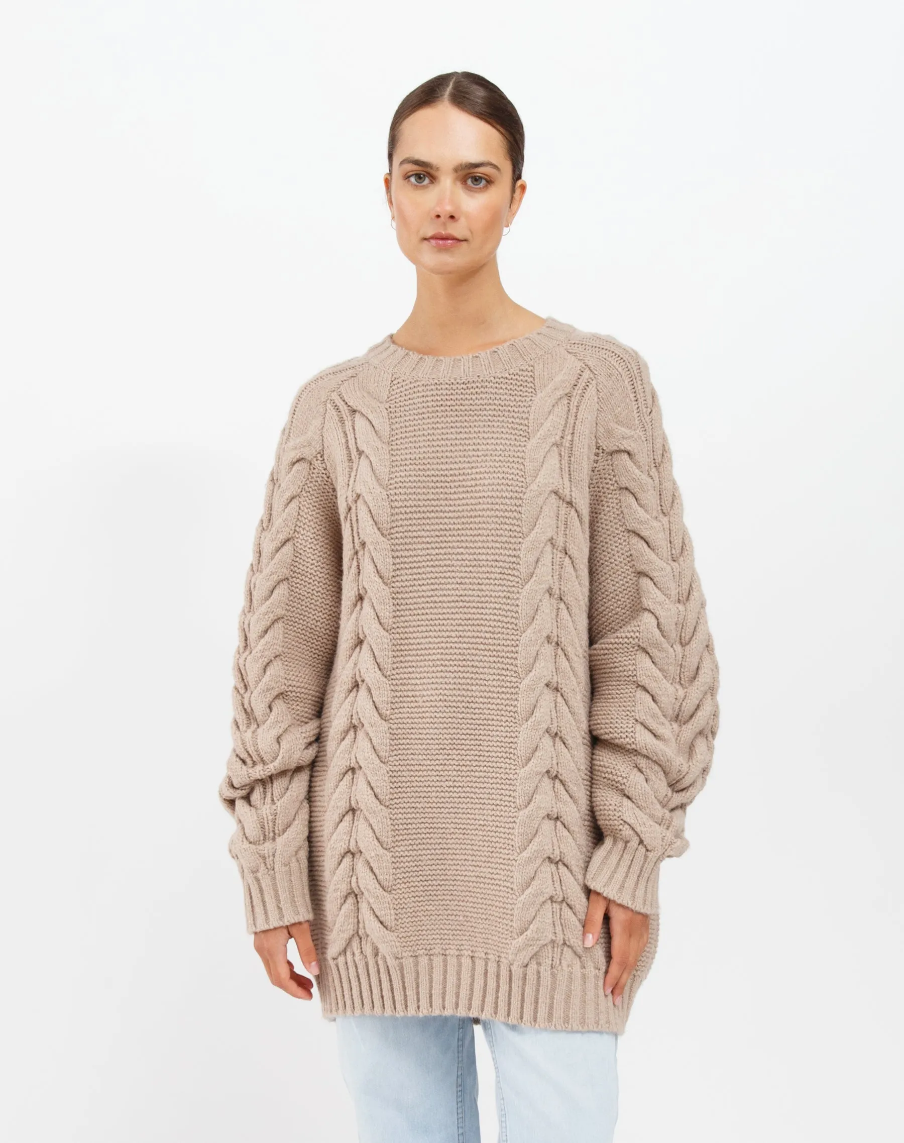 Adele Cable Knit Big Sister Sweater | Fawn