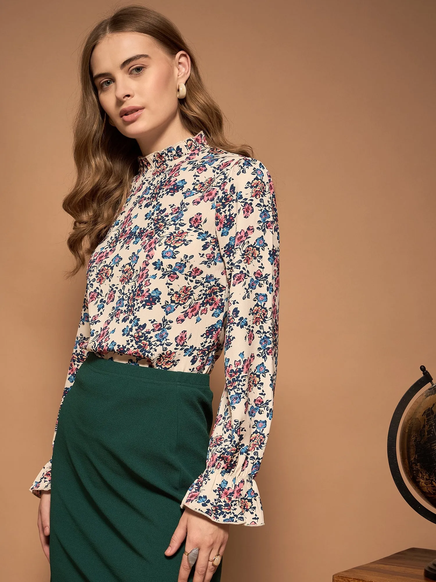 Berrylush BIZwear Women White, Blue, & Pink Floral Printed Stand Collar Neck Bishop Sleeves Back Keyhole Ruffled Regular Top