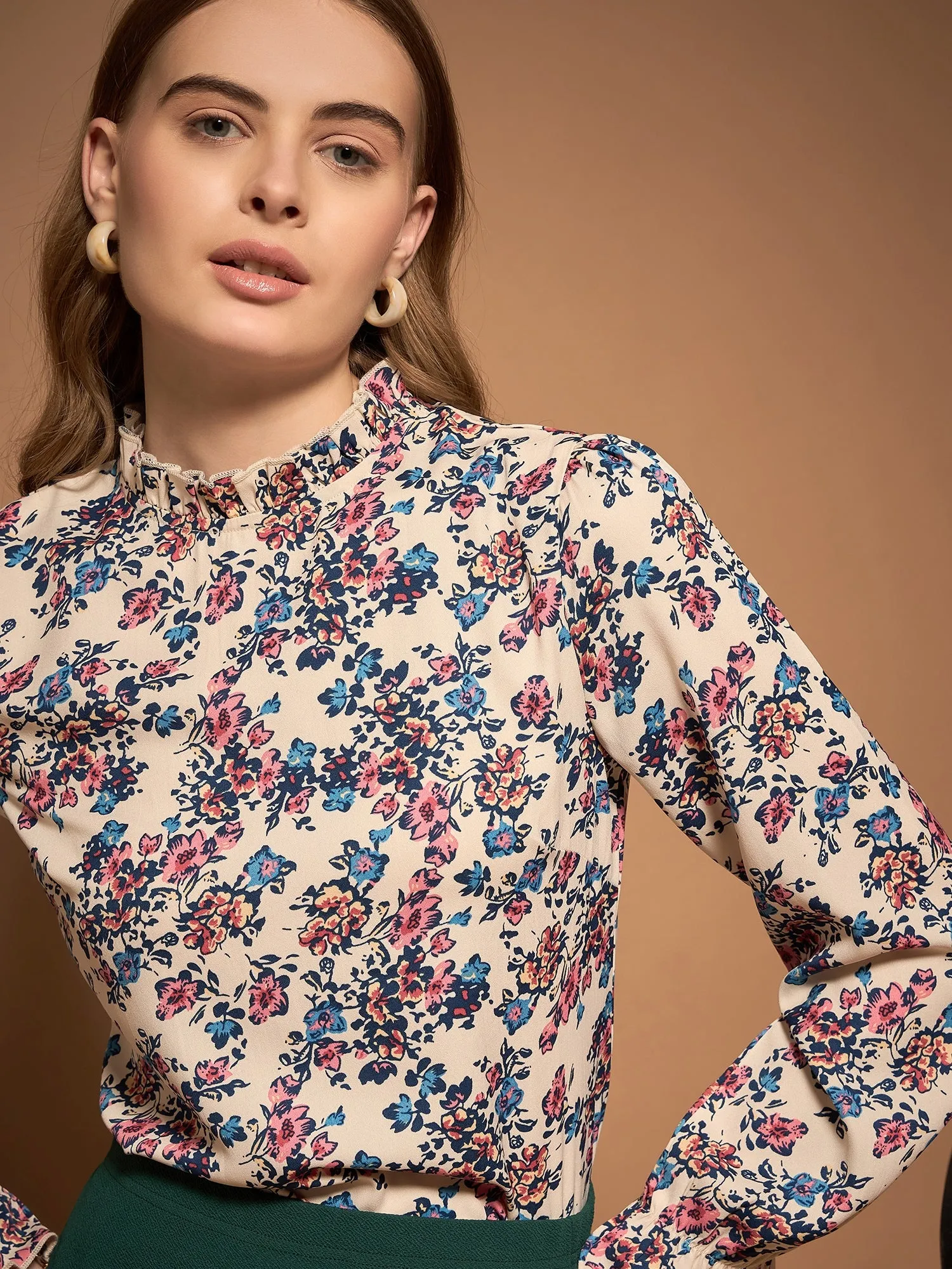 Berrylush BIZwear Women White, Blue, & Pink Floral Printed Stand Collar Neck Bishop Sleeves Back Keyhole Ruffled Regular Top