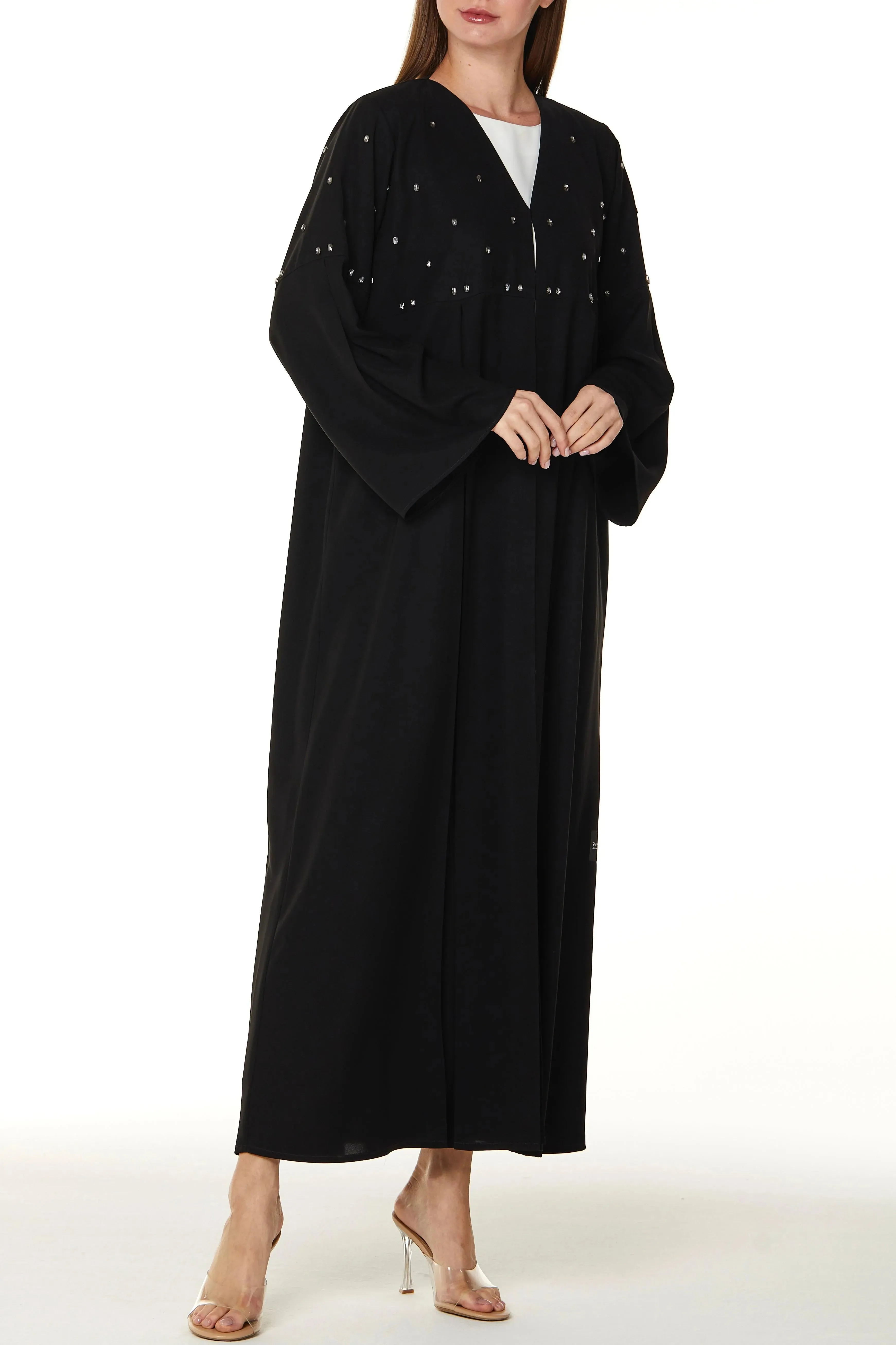 Black Aria Crepe Abaya with Front Pleats with Beaded Front Panel and Flared Sleeves
