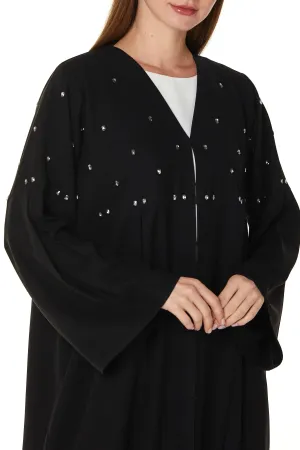 Black Aria Crepe Abaya with Front Pleats with Beaded Front Panel and Flared Sleeves