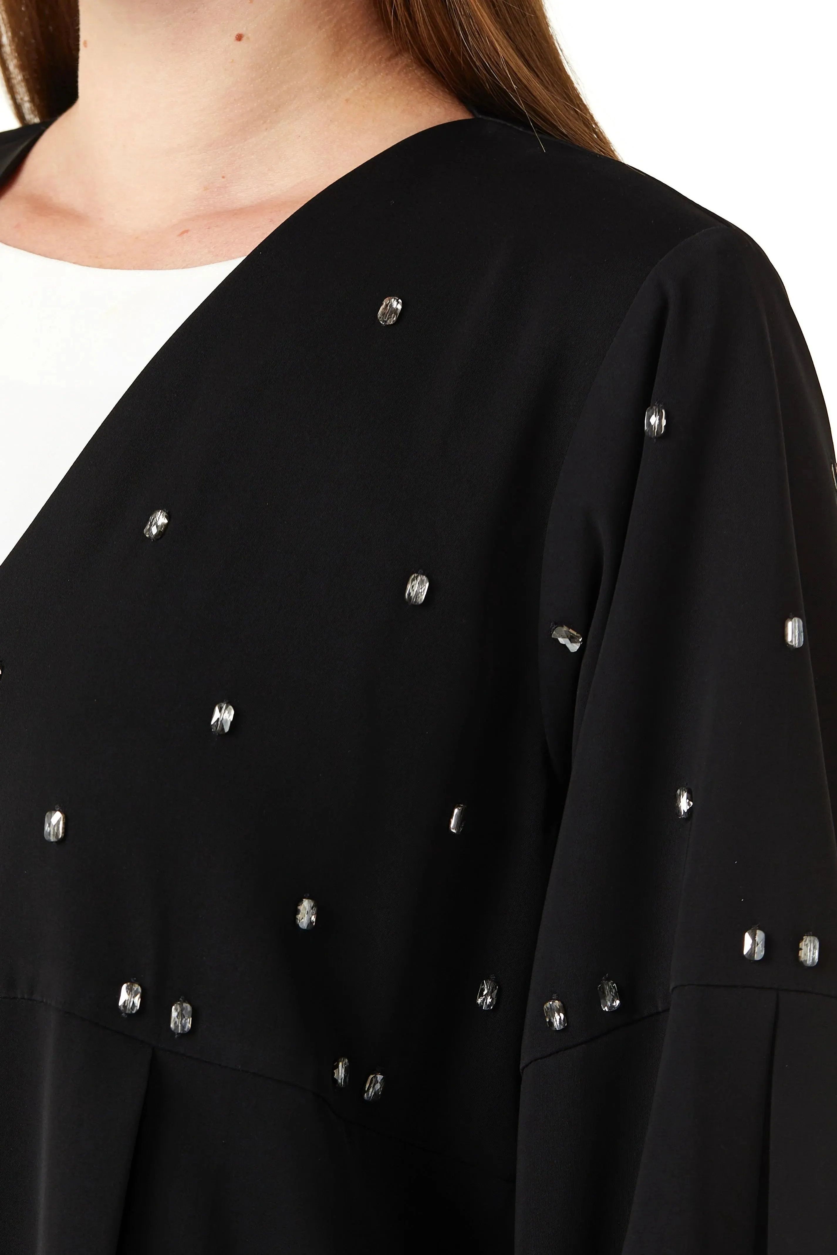 Black Aria Crepe Abaya with Front Pleats with Beaded Front Panel and Flared Sleeves