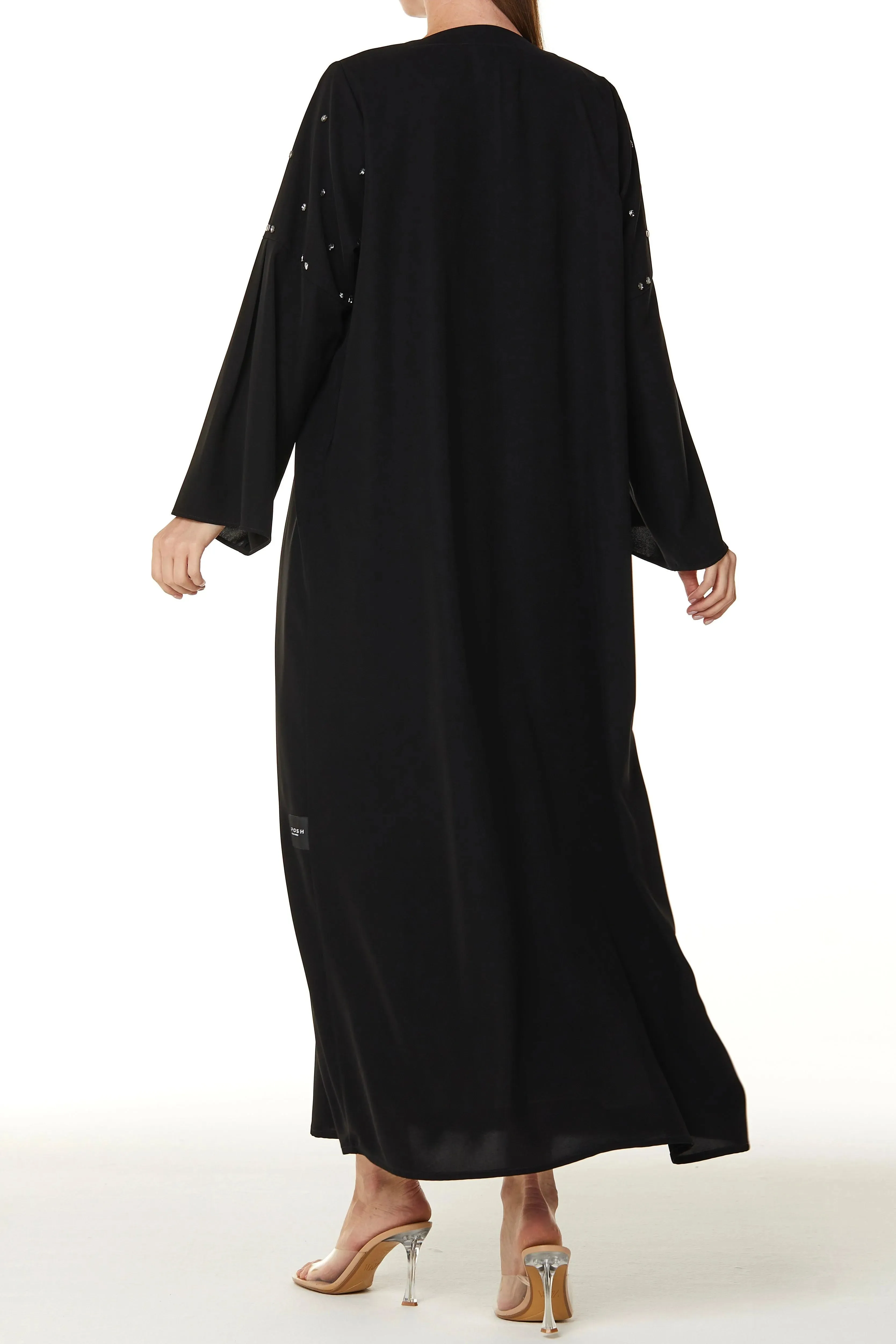 Black Aria Crepe Abaya with Front Pleats with Beaded Front Panel and Flared Sleeves