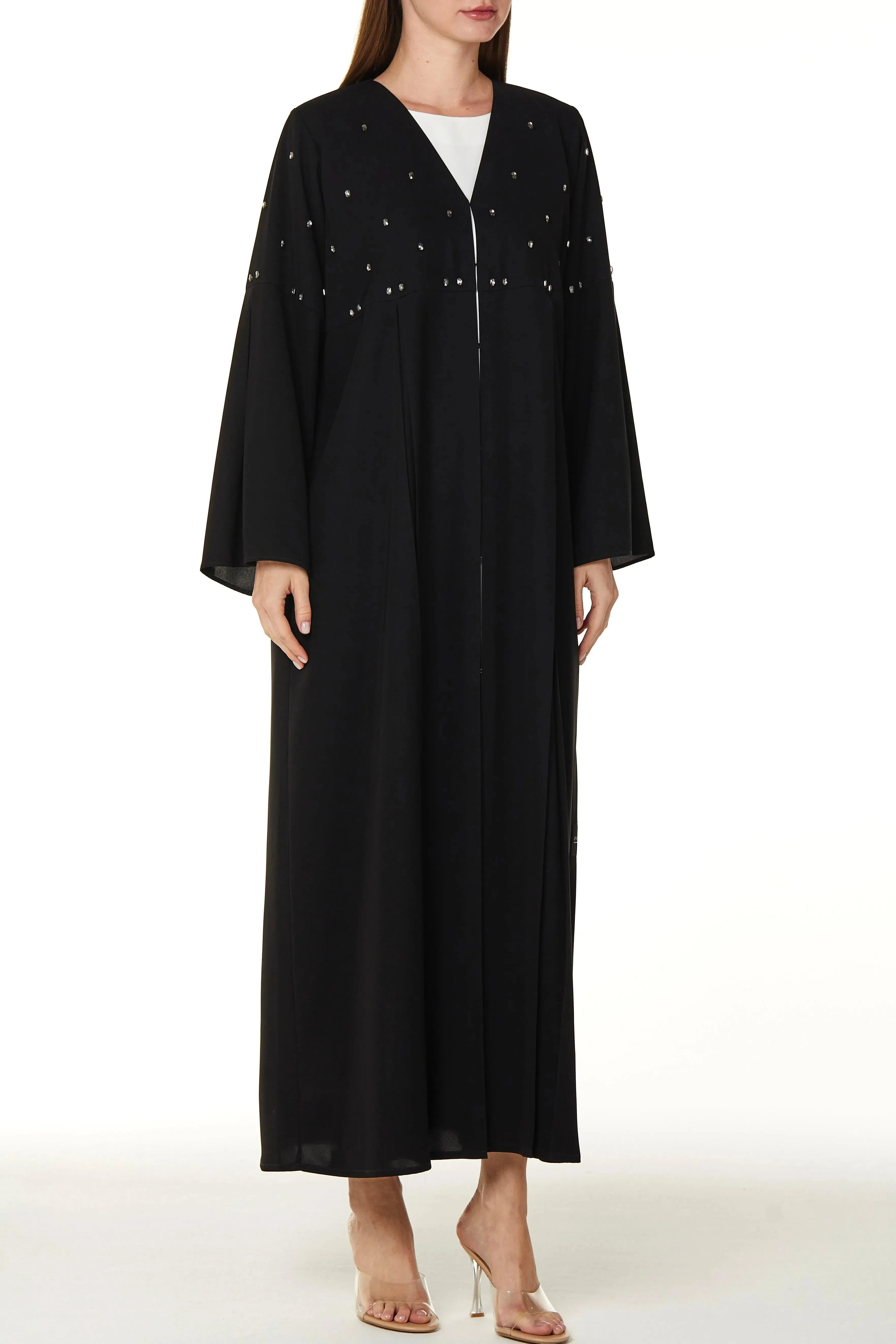Black Aria Crepe Abaya with Front Pleats with Beaded Front Panel and Flared Sleeves