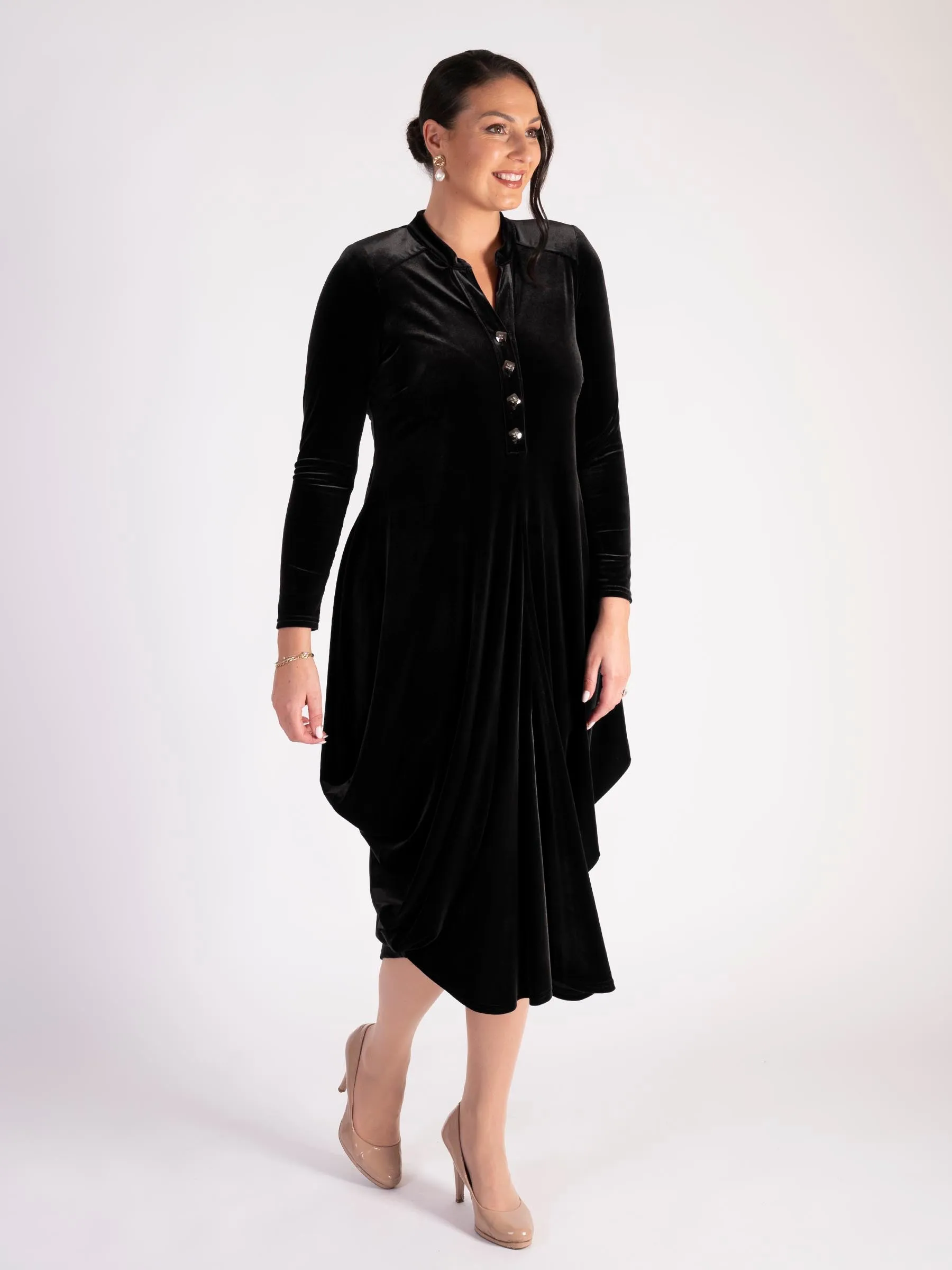 Black Stretch Velvet Drape Dress with Button Placket