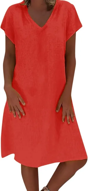 Casual Summer Dresses for Women 2025,Women's Midi Dress Summer Plain Simple Short Sleeve V-Neck T-Shirt Trendy Dresses