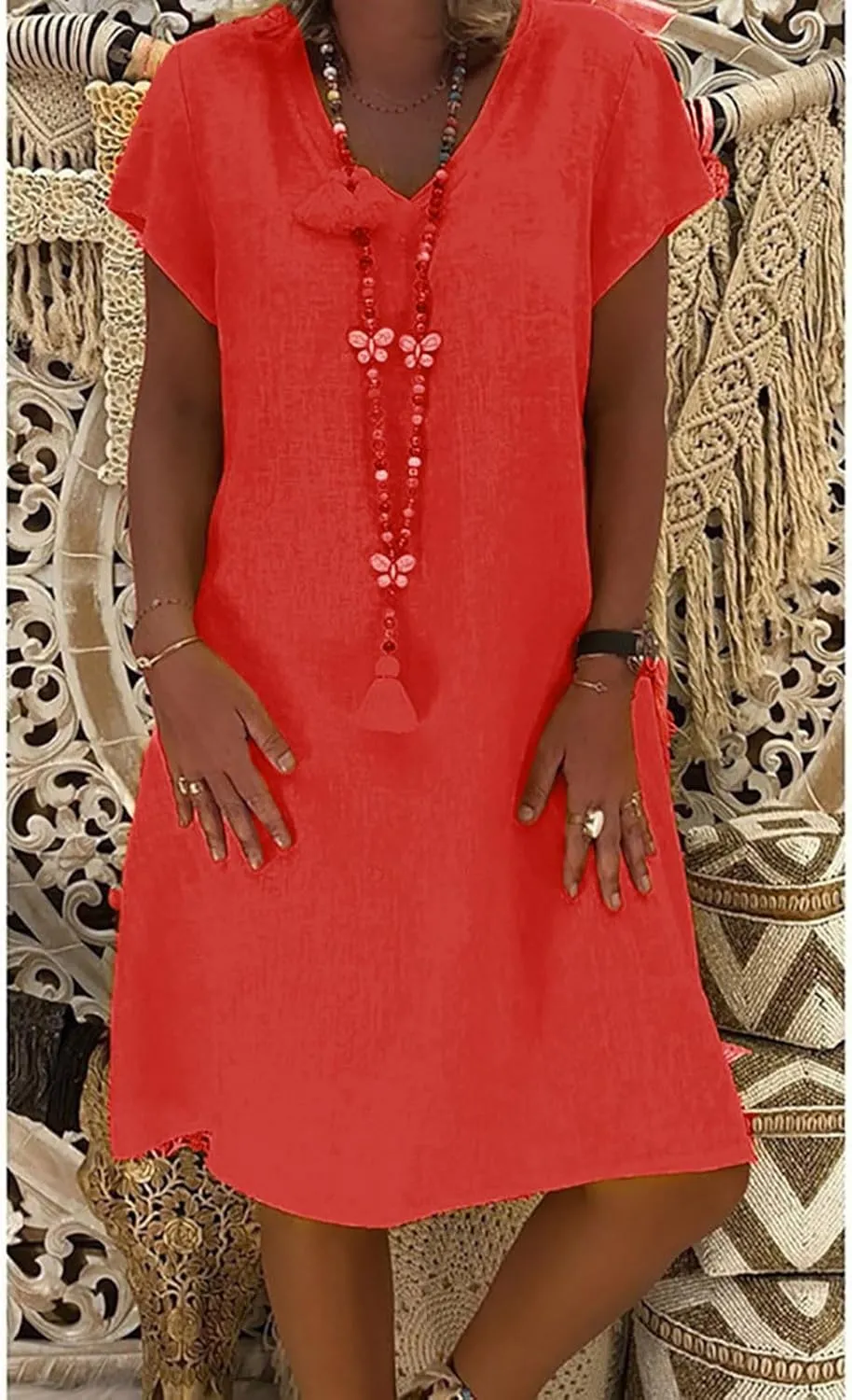 Casual Summer Dresses for Women 2025,Women's Midi Dress Summer Plain Simple Short Sleeve V-Neck T-Shirt Trendy Dresses
