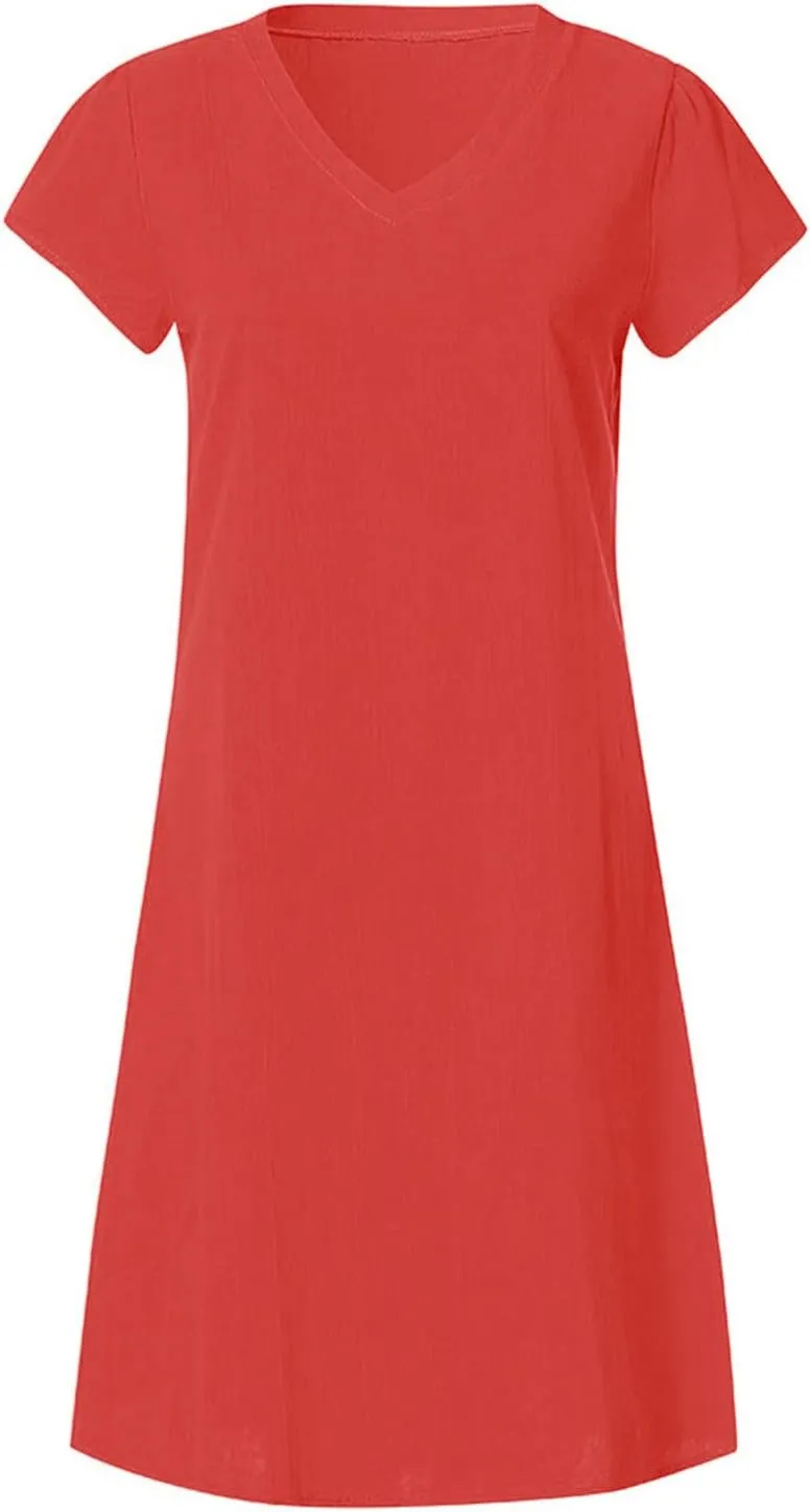 Casual Summer Dresses for Women 2025,Women's Midi Dress Summer Plain Simple Short Sleeve V-Neck T-Shirt Trendy Dresses