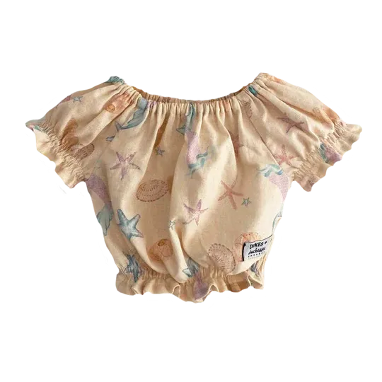 Duke & Duchesses Cali Shirred Crop Top - Cream Seashells Print
