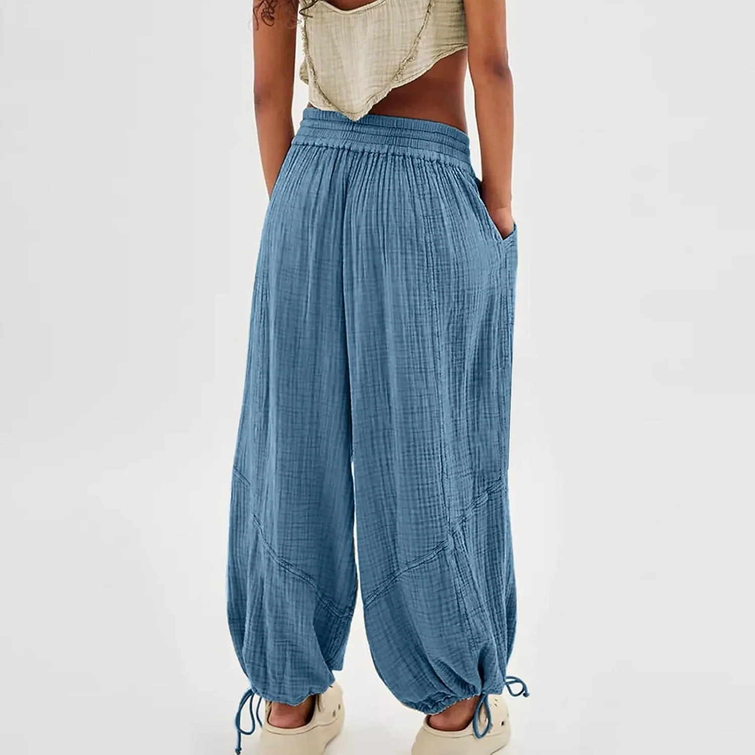 GIERIDUC Womens Casual Loose Fit Wide LegSummer Beach Drawstring Y2K Trendy Baggy Pants Trousers with Pockets