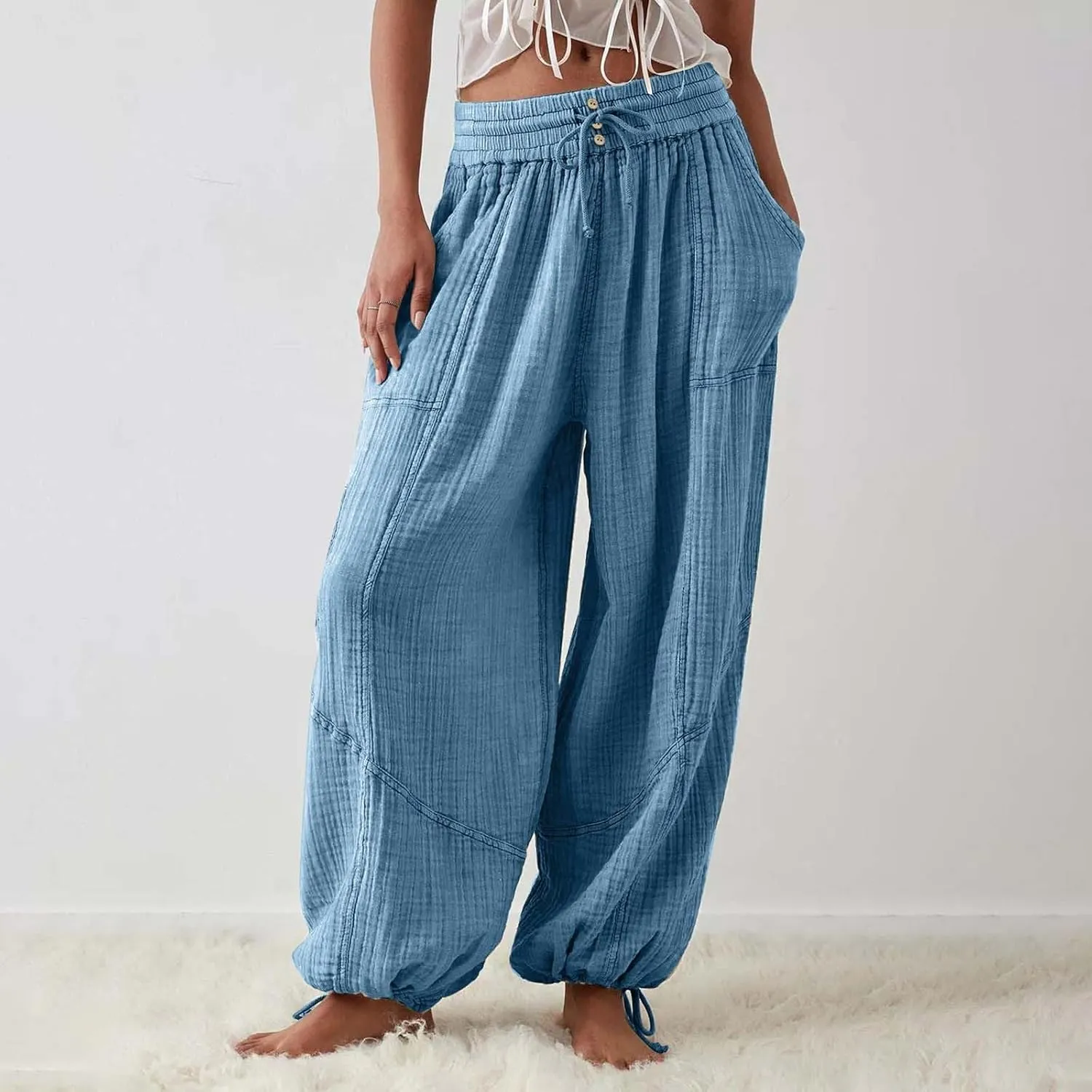 GIERIDUC Womens Casual Loose Fit Wide LegSummer Beach Drawstring Y2K Trendy Baggy Pants Trousers with Pockets