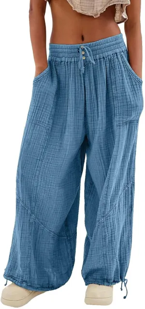 GIERIDUC Womens Casual Loose Fit Wide LegSummer Beach Drawstring Y2K Trendy Baggy Pants Trousers with Pockets