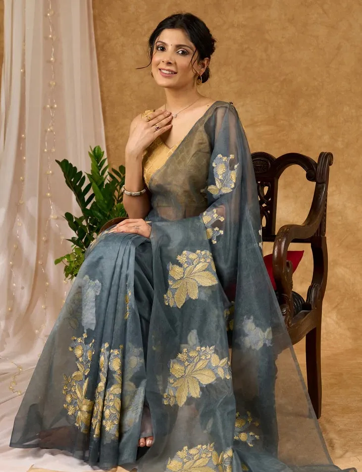Grey Kota Organza Saree With Embroidered Motifs All Over