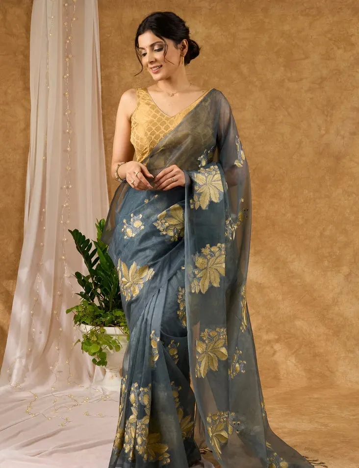 Grey Kota Organza Saree With Embroidered Motifs All Over
