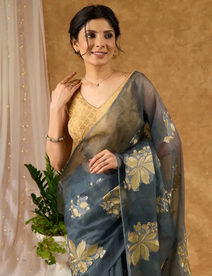 Grey Kota Organza Saree With Embroidered Motifs All Over