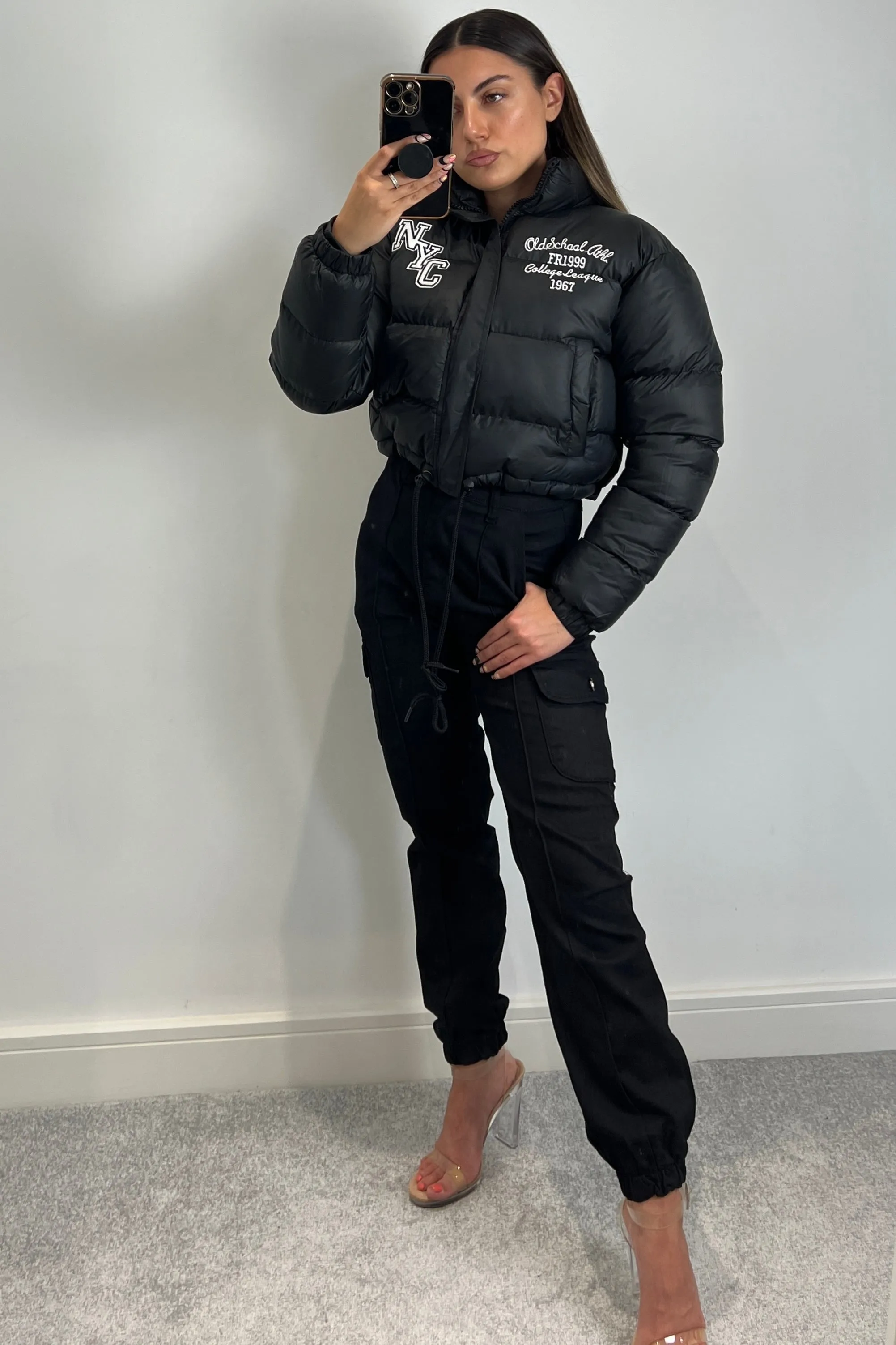 Karina Black Slogan Varsity Cropped Puffer Jacket