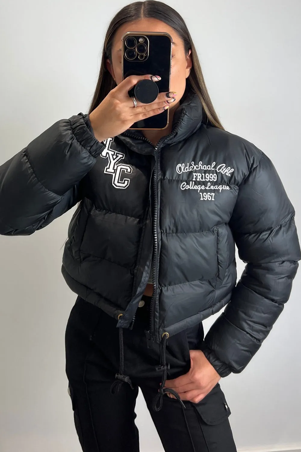 Karina Black Slogan Varsity Cropped Puffer Jacket