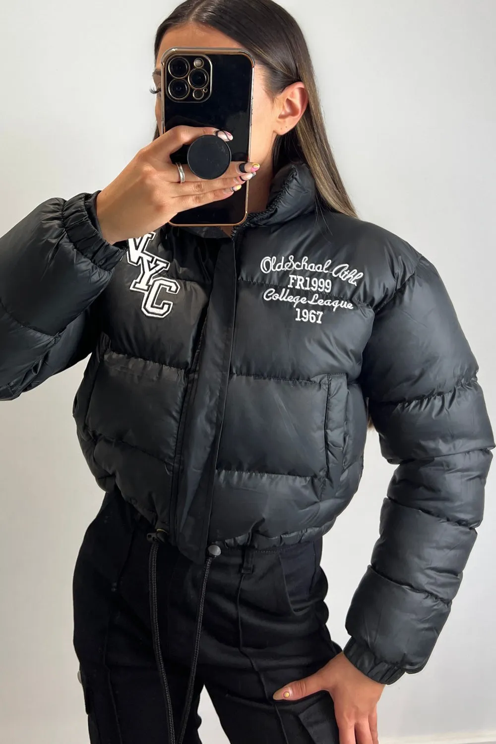 Karina Black Slogan Varsity Cropped Puffer Jacket