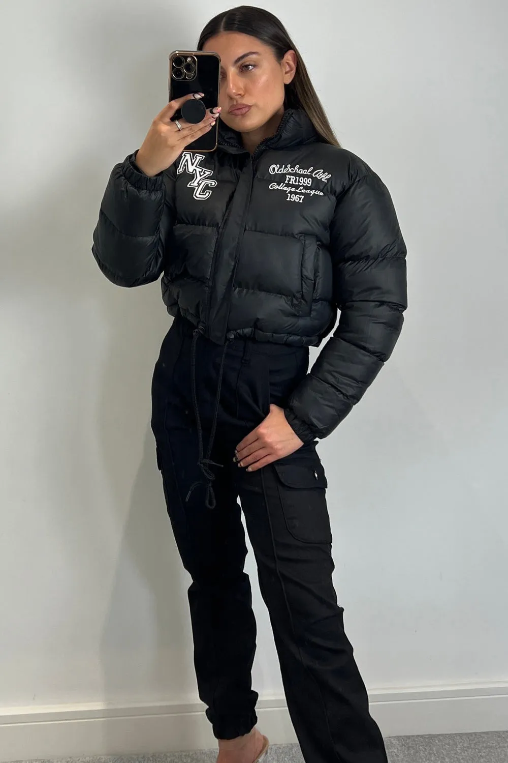Karina Black Slogan Varsity Cropped Puffer Jacket