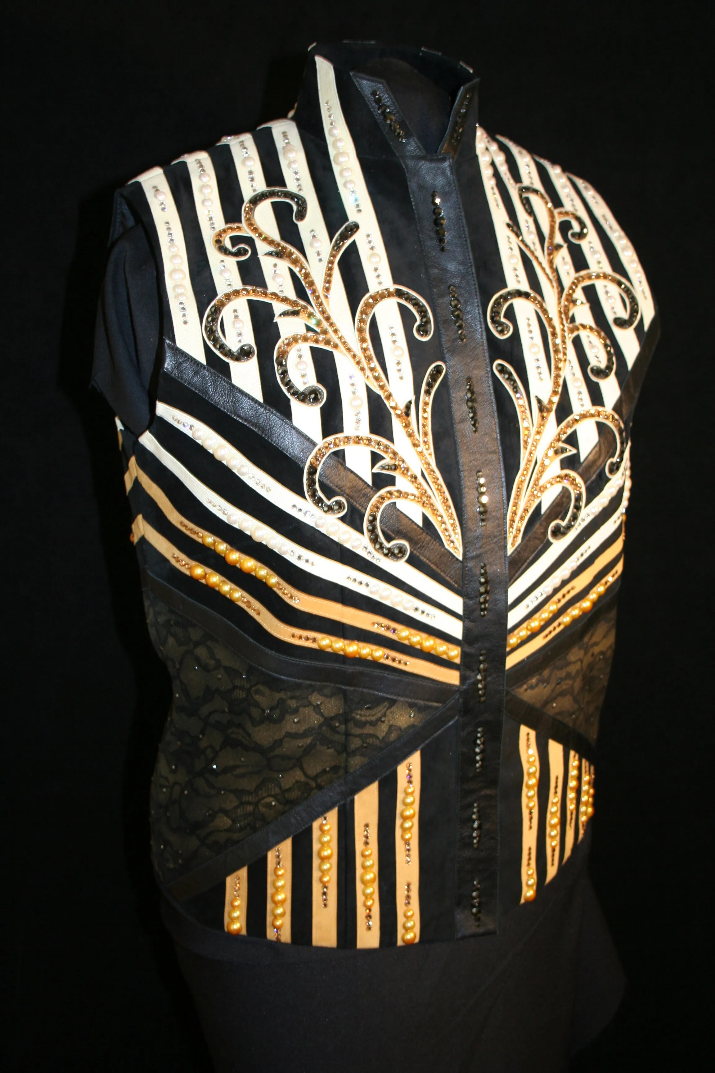 Ladies XL Black Pigsuede Show Vest, White and Gold Trim, 27275