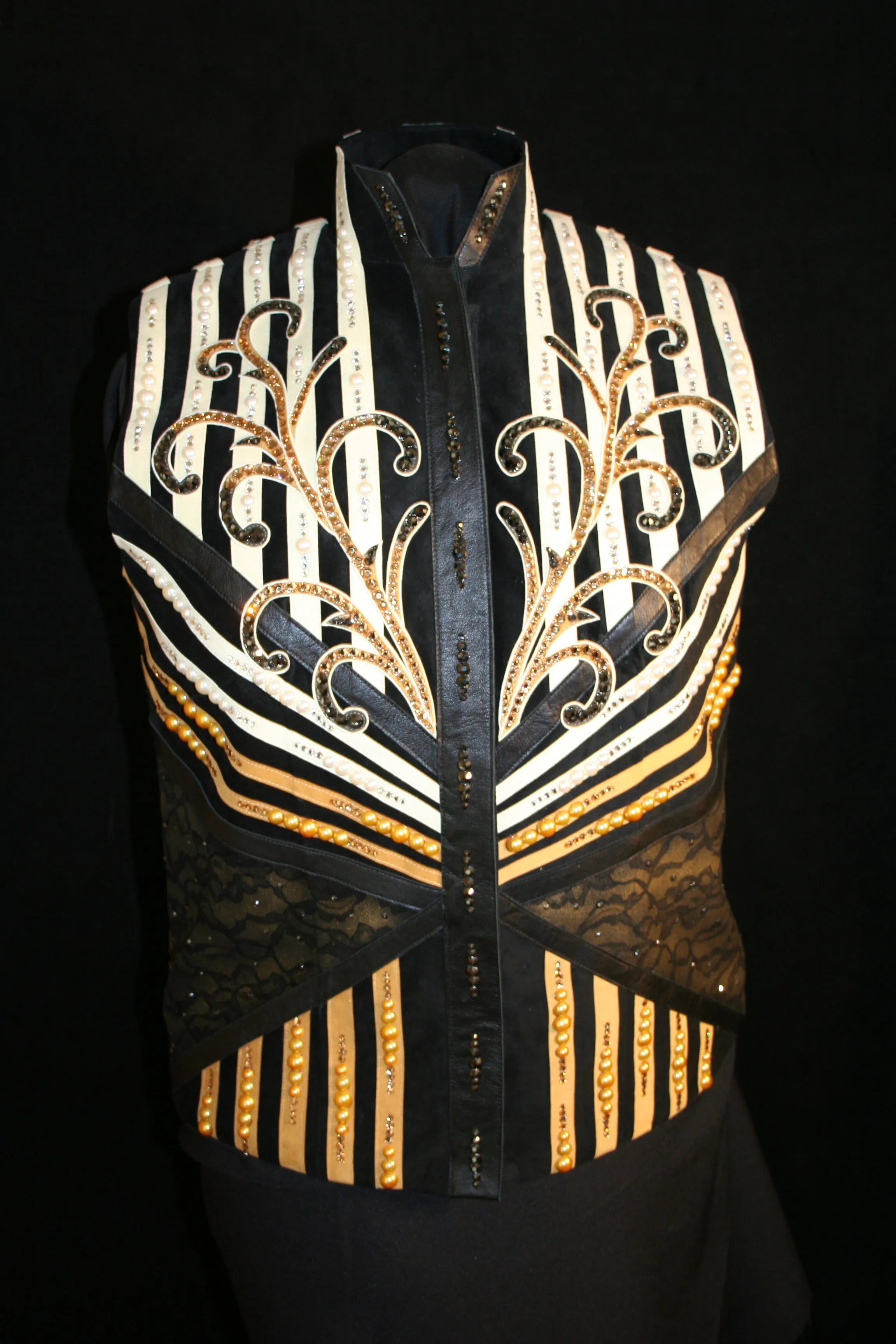 Ladies XL Black Pigsuede Show Vest, White and Gold Trim, 27275