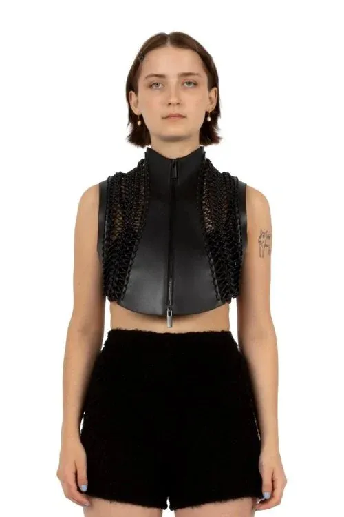 Macrame Cropped Faux Leather Vest
