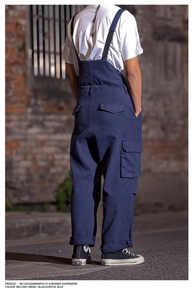 Men's Oversized Suspender Cargo Overalls Distressed Work Jumpsuit