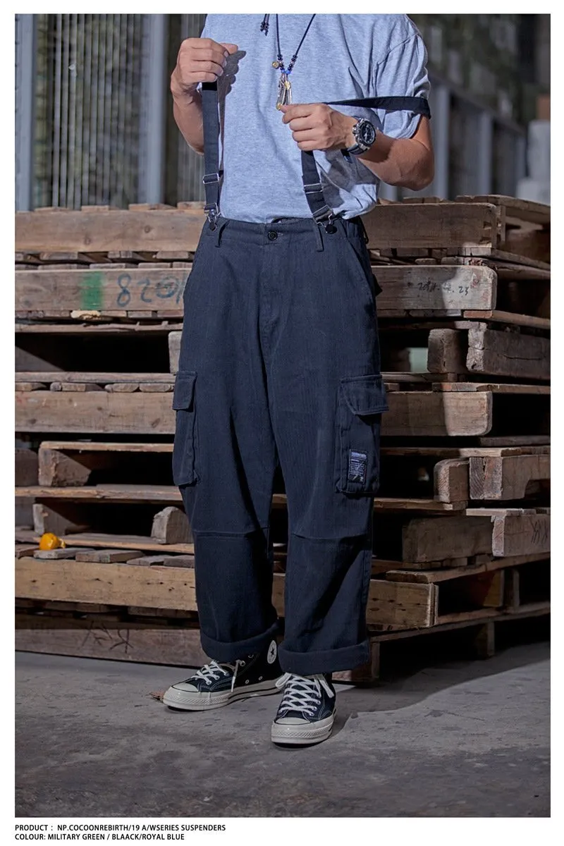 Men's Oversized Suspender Cargo Overalls Distressed Work Jumpsuit