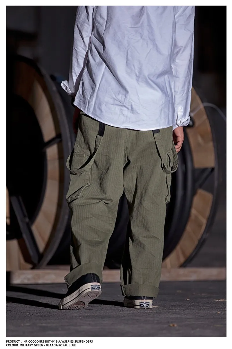 Men's Oversized Suspender Cargo Overalls Distressed Work Jumpsuit