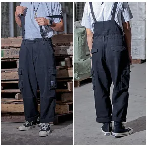 Men's Oversized Suspender Cargo Overalls Distressed Work Jumpsuit