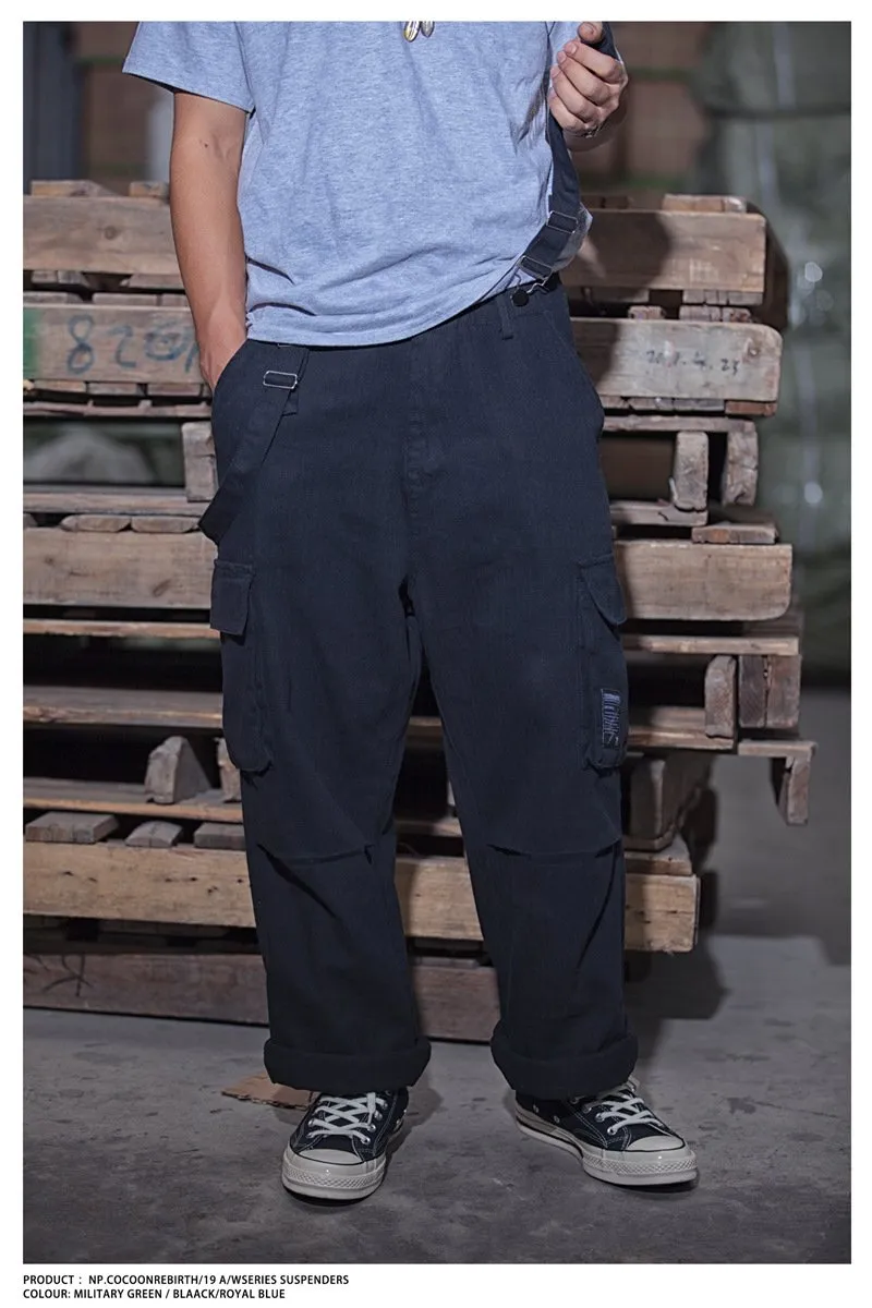 Men's Oversized Suspender Cargo Overalls Distressed Work Jumpsuit