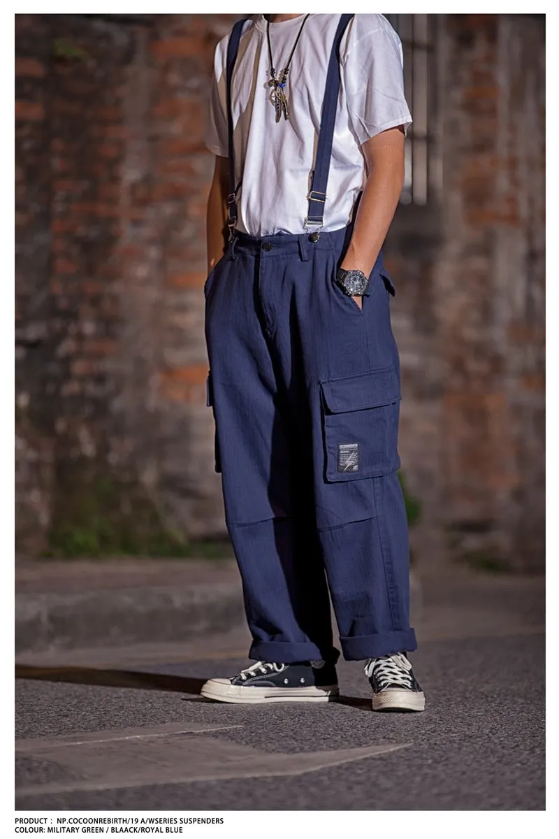 Men's Oversized Suspender Cargo Overalls Distressed Work Jumpsuit