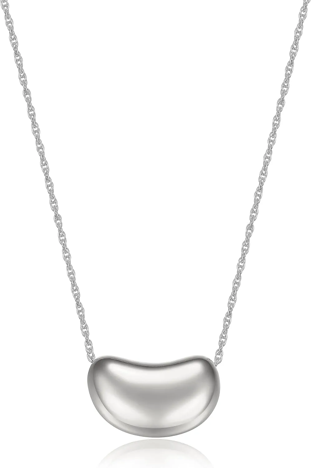 MORGAN & PAIGE .925 Sterling Silver Rhodium Plated, 14K Rose Gold or 18K Yellow Gold Necklaces for Women, Bean Shape Pendant Design Sterling Silver Necklace for Women, Classic Charm Jewelry 18 inch