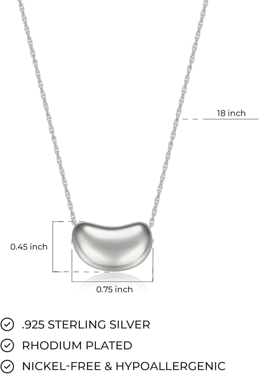 MORGAN & PAIGE .925 Sterling Silver Rhodium Plated, 14K Rose Gold or 18K Yellow Gold Necklaces for Women, Bean Shape Pendant Design Sterling Silver Necklace for Women, Classic Charm Jewelry 18 inch