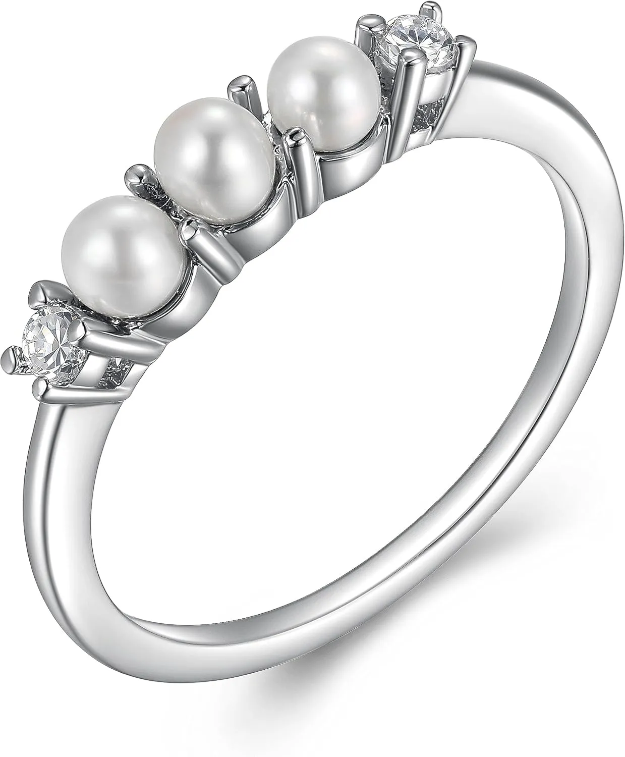 MORGAN & PAIGE .925 Sterling Silver Rhodium Plated Freshwater Cultured Pearl and Cubic Zirconia Women Rings - Versatile and Elegant Classic Three-Pearl Design Sterling Silver Rings for Women