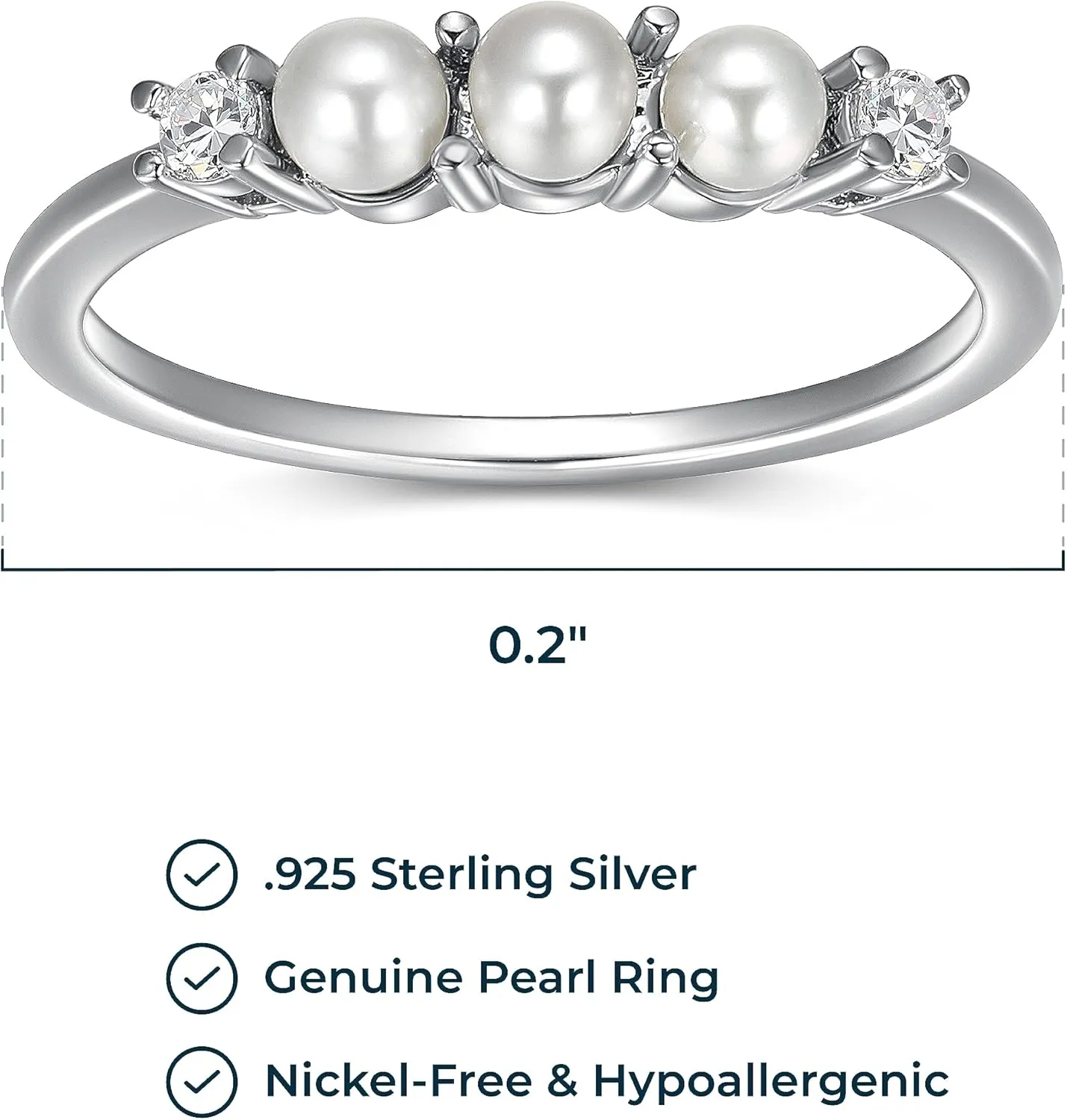 MORGAN & PAIGE .925 Sterling Silver Rhodium Plated Freshwater Cultured Pearl and Cubic Zirconia Women Rings - Versatile and Elegant Classic Three-Pearl Design Sterling Silver Rings for Women