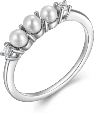 MORGAN & PAIGE .925 Sterling Silver Rhodium Plated Freshwater Cultured Pearl and Cubic Zirconia Women Rings - Versatile and Elegant Classic Three-Pearl Design Sterling Silver Rings for Women