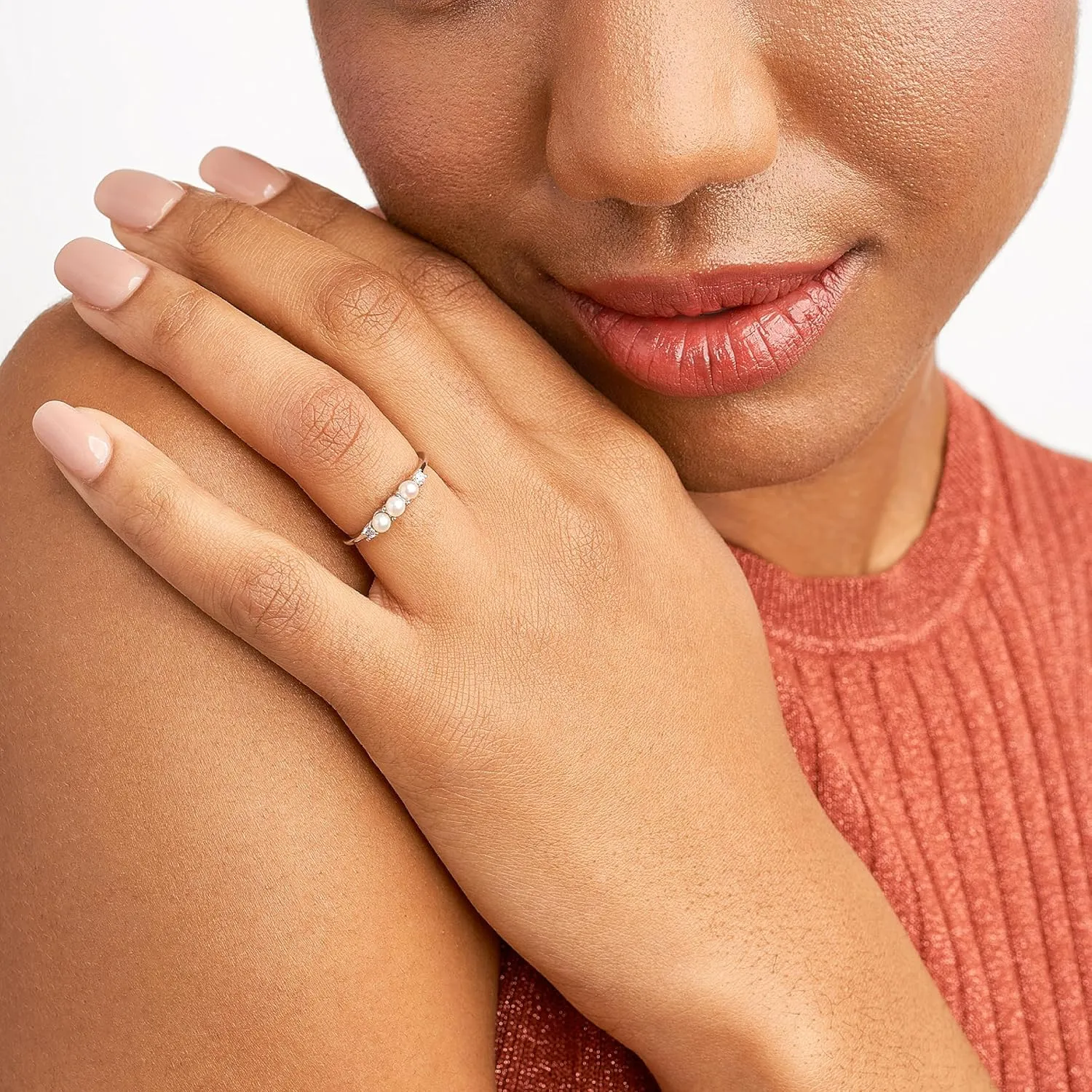 MORGAN & PAIGE .925 Sterling Silver Rhodium Plated Freshwater Cultured Pearl and Cubic Zirconia Women Rings - Versatile and Elegant Classic Three-Pearl Design Sterling Silver Rings for Women