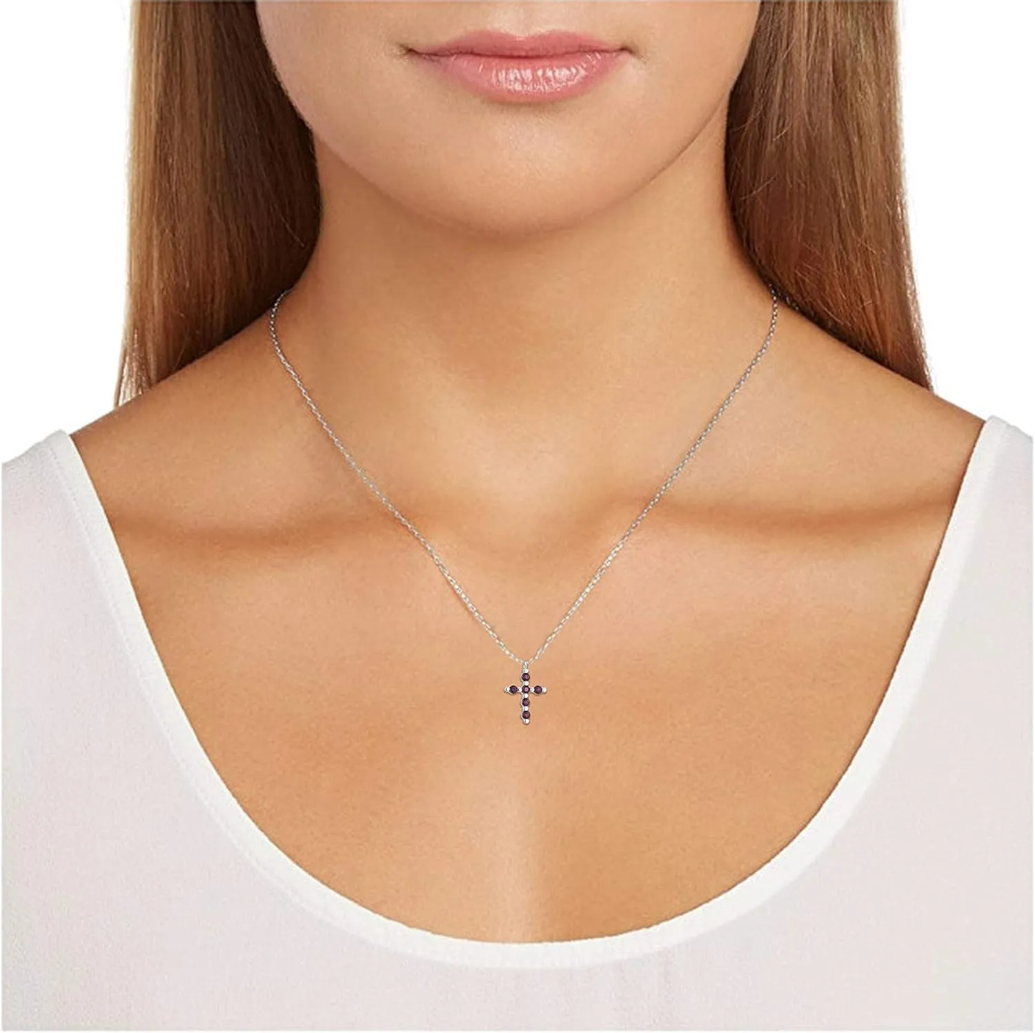 MORGAN & PAIGE .925 Sterling Silver Rhodium Plated Gemstone Cross Necklace for Women - Birthday Sterling Silver Necklace for Women Choice of Birthstone Colors, Dainty and Lightweight Jewelry 18 inch