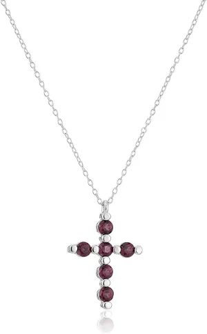 MORGAN & PAIGE .925 Sterling Silver Rhodium Plated Gemstone Cross Necklace for Women - Birthday Sterling Silver Necklace for Women Choice of Birthstone Colors, Dainty and Lightweight Jewelry 18 inch