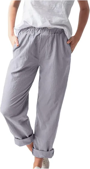 niuwa Cotton Linen Trousers for Women Elastic Waist Solid Color Casual Pants with Pockets Summer Boho Pants (Gray, L)