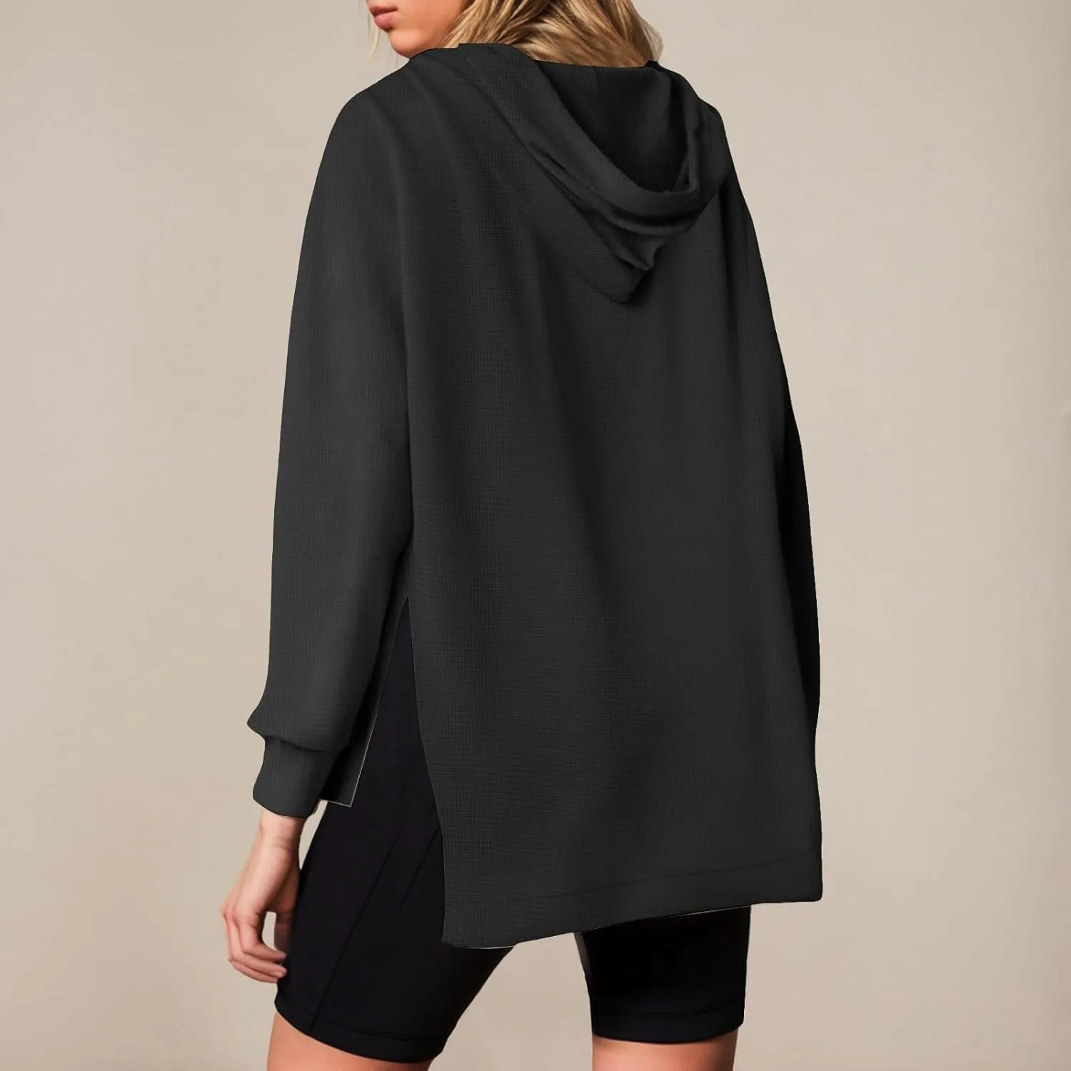 Oversized Hoodies for Women Waffle Knit Casual Long Sleeve Drawstring Side Slit Pullover Sweatshirt with Pocket