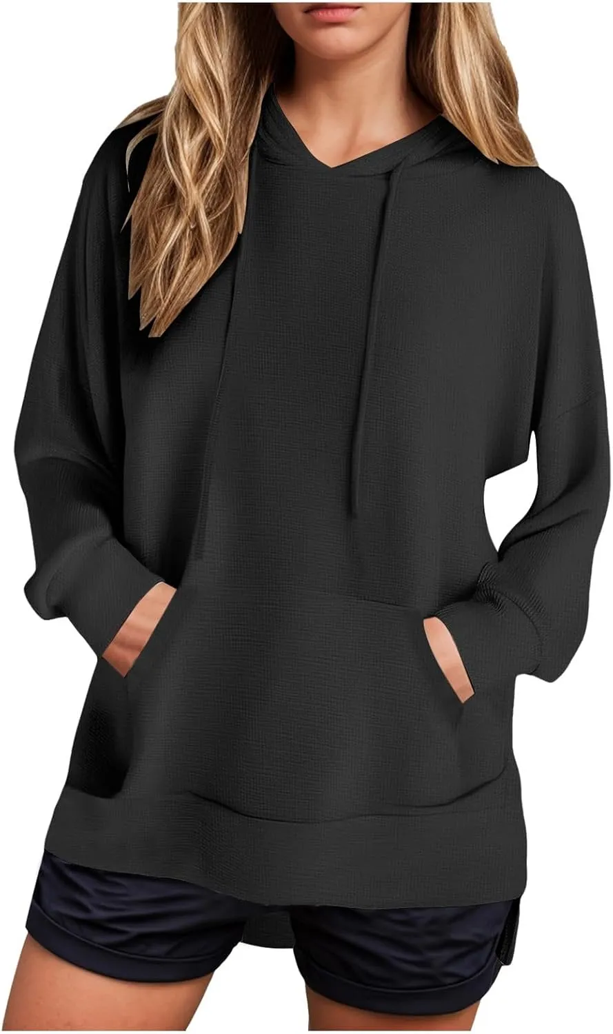 Oversized Hoodies for Women Waffle Knit Casual Long Sleeve Drawstring Side Slit Pullover Sweatshirt with Pocket