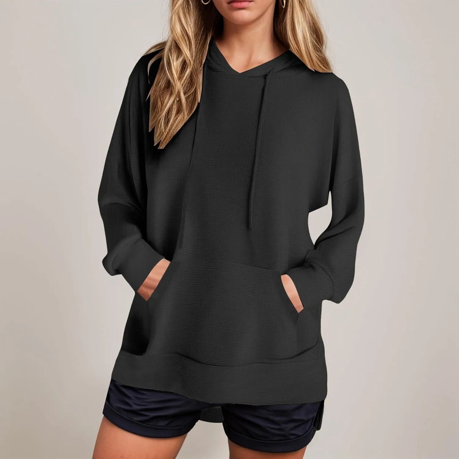 Oversized Hoodies for Women Waffle Knit Casual Long Sleeve Drawstring Side Slit Pullover Sweatshirt with Pocket