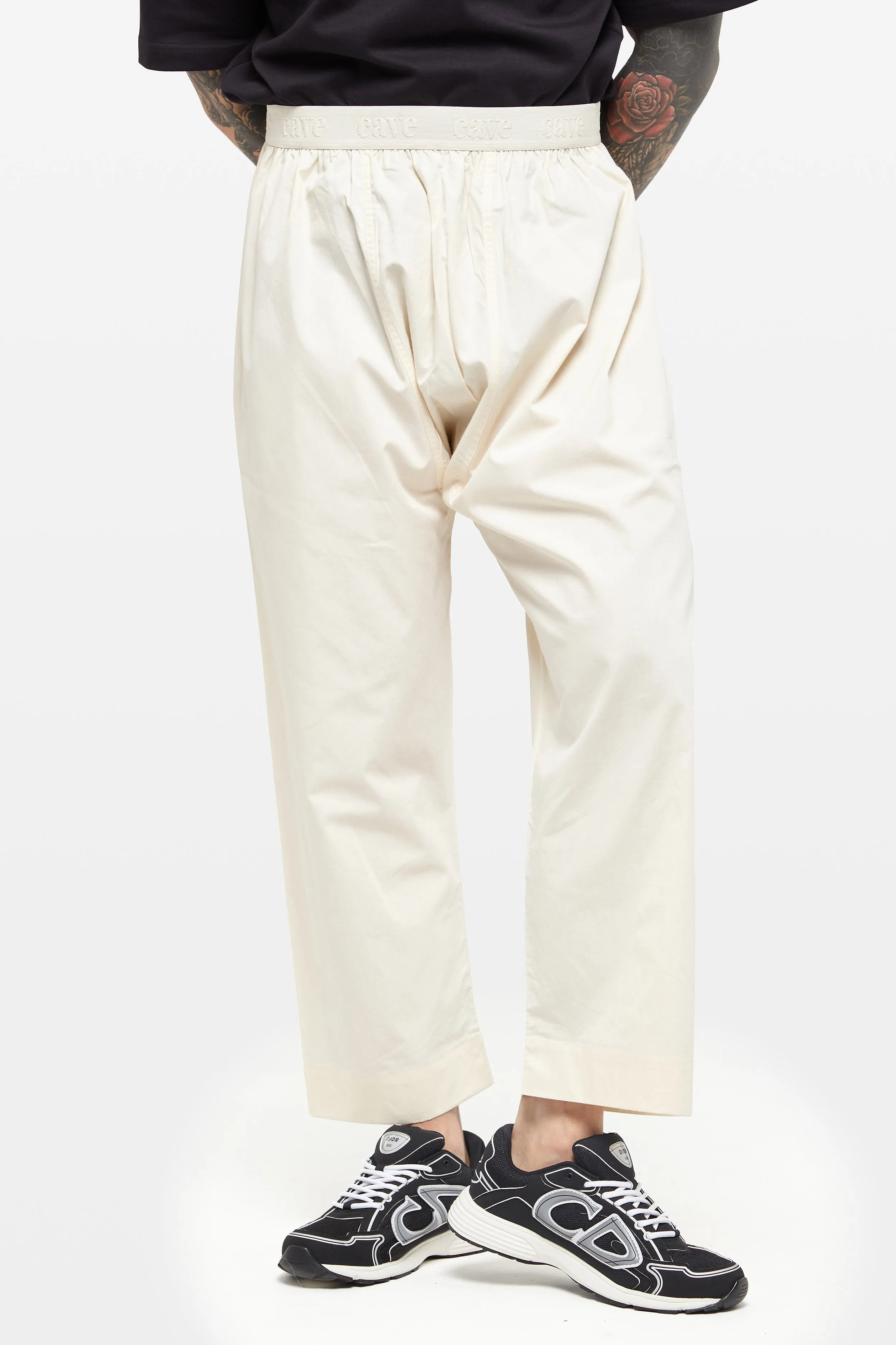 Pearled Ivory Wide-Leg Elasticated Cotton Trousers