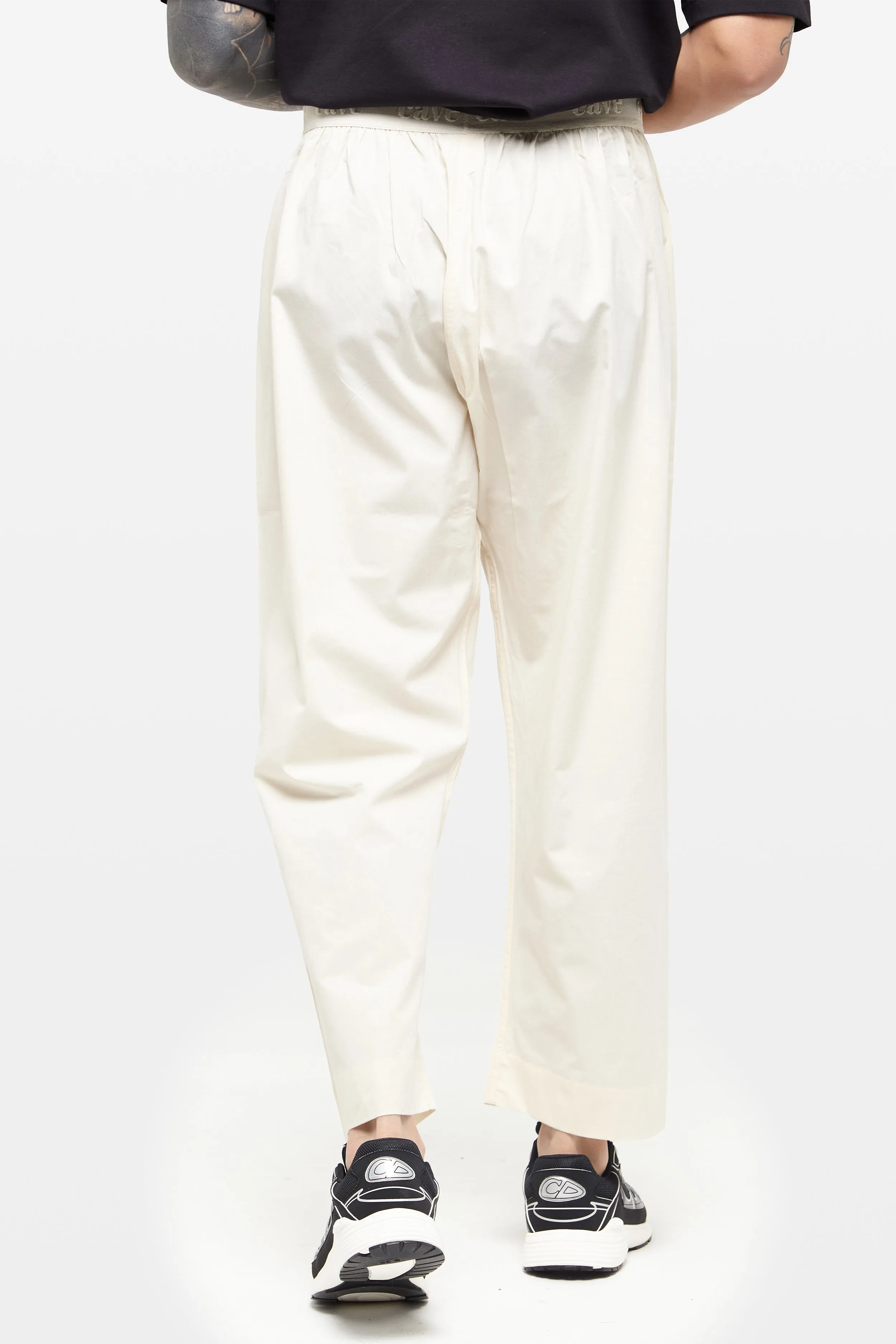 Pearled Ivory Wide-Leg Elasticated Cotton Trousers