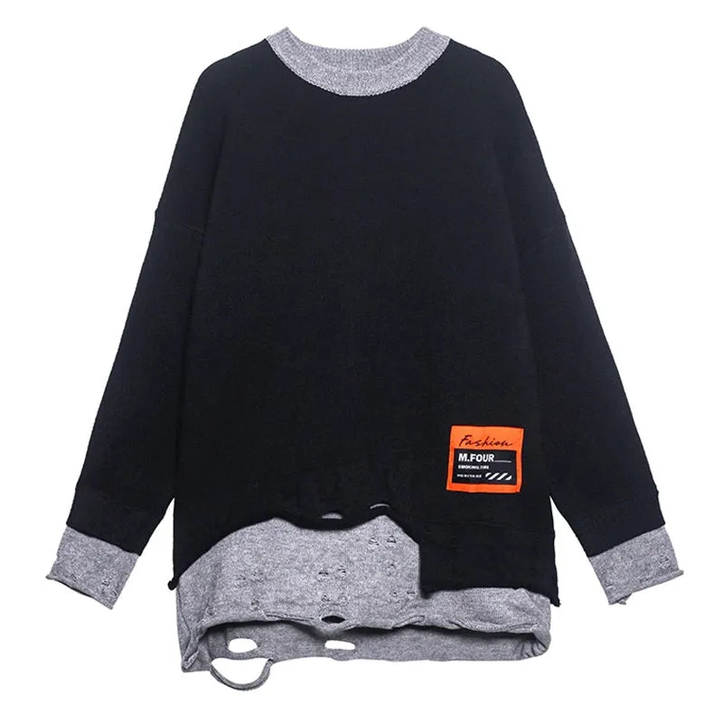 Rounded Collar Two Layer Oversized Knit Tunic  Long Sleeve BLK/GRY
