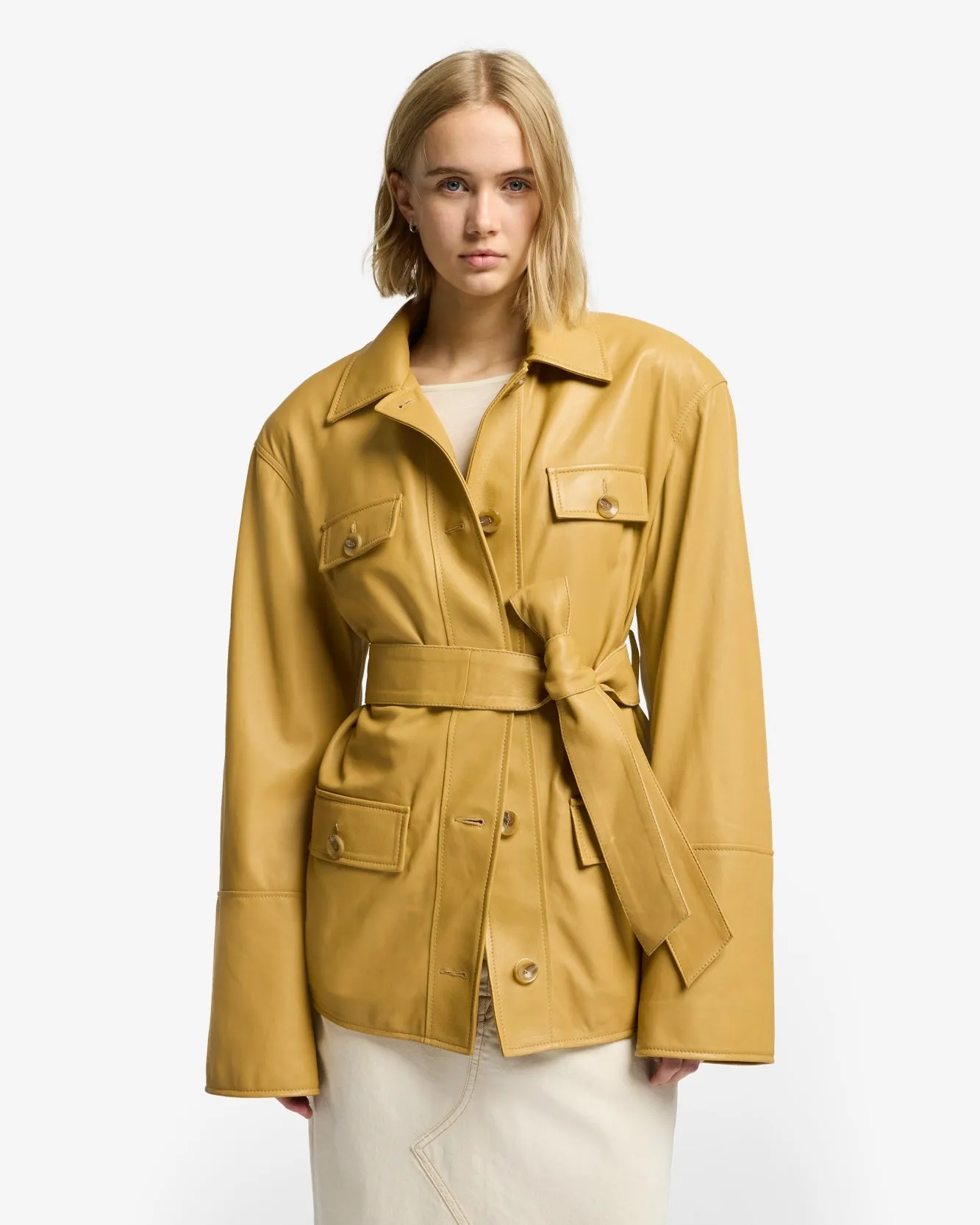 Sahariana Leather Cropped Trench in Honey
