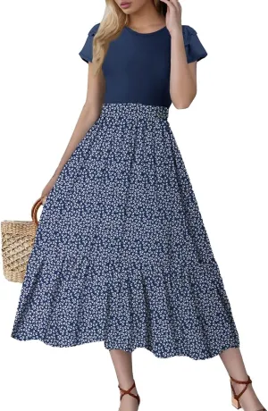 Summer Dresses for Women 2025 Floral Short Sleeve Maxi Dress Flowy Patchwork Ruffle Empire Waist Cinched Long Dress