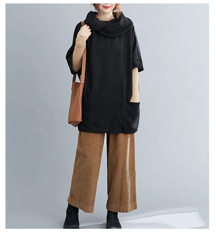 Turtleneck Sweater Knit Tunic Casual Style 3/4 Batwing Sleeve Oversized Black